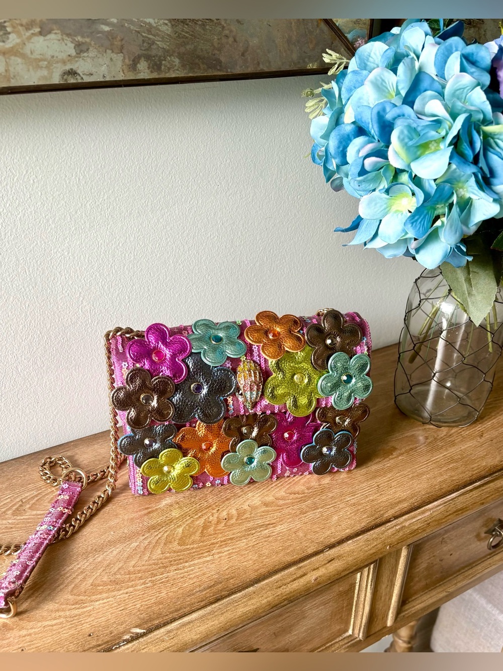 Kurt Geiger London Kensington 3D Flower Sequin Crystal Shoulder Bag